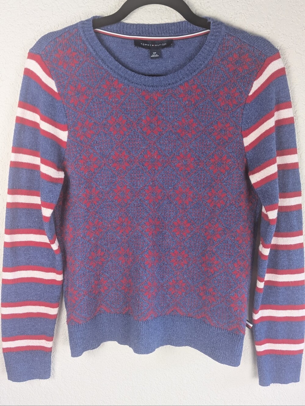 Tommy Hilfiger Crew Neck Sweater S Long Sleeves Stripes Fair Isle Preppy Blue